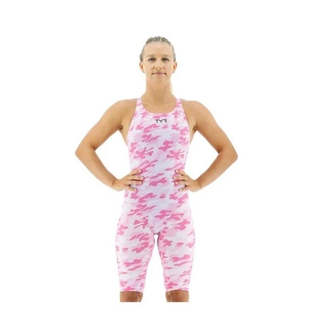 NWT TYR Women’s Thresher Open Back Size 30 Pink Camo Swimsuit Hydrophobic Fibers